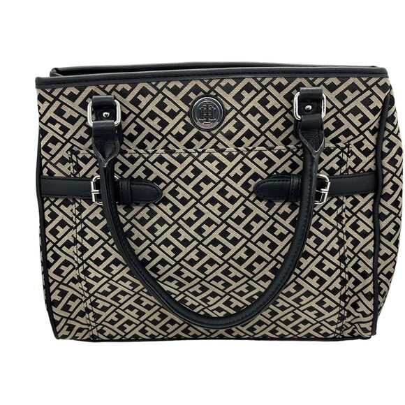 Tommy Hilfiger Handbag Tote Large Initial Print Initial Accent Buckles Tan Black - Picture 1 of 16
